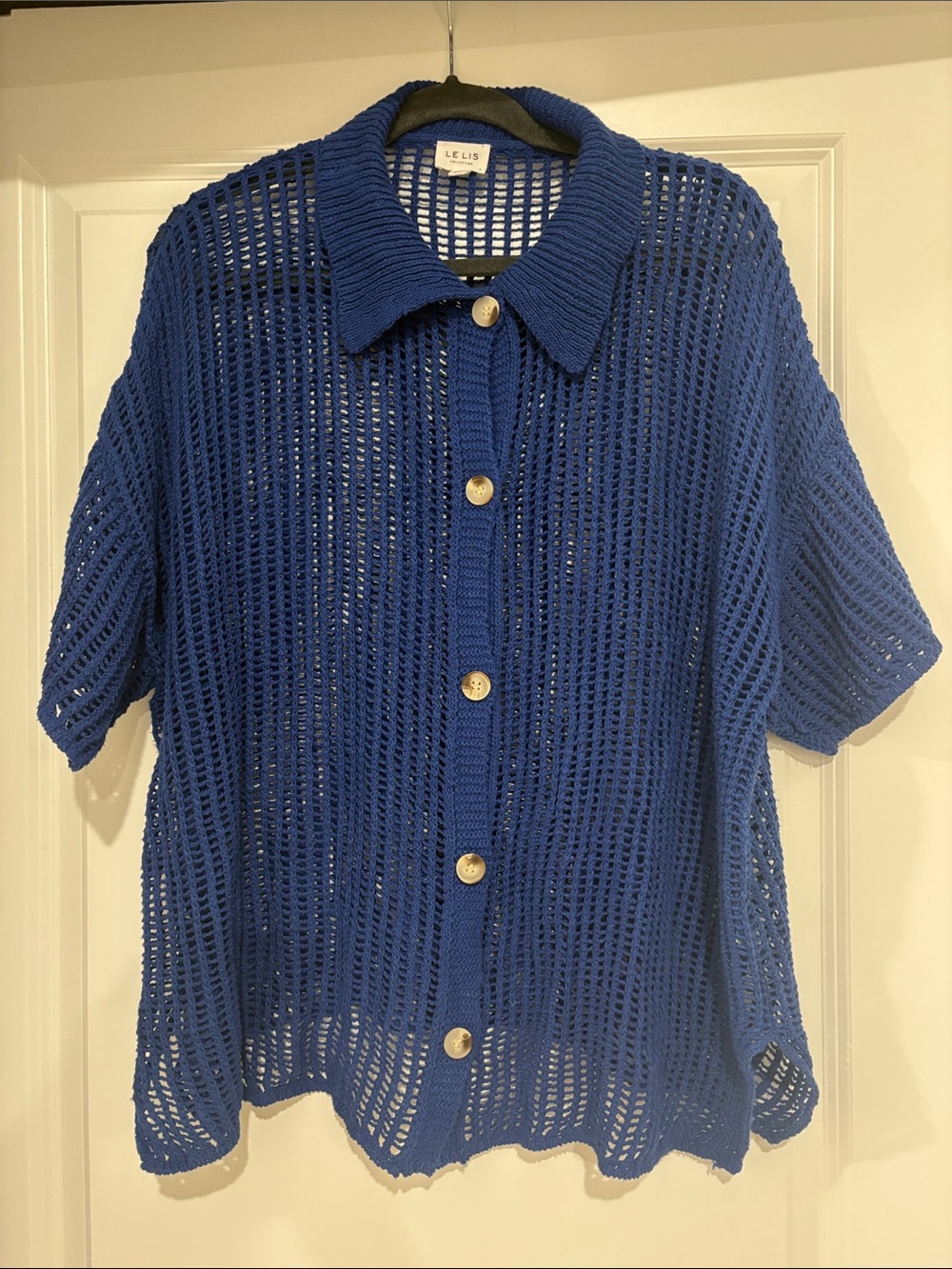 Le Lis Open-Weave Button Front Top in Blue, oversized fit, Small